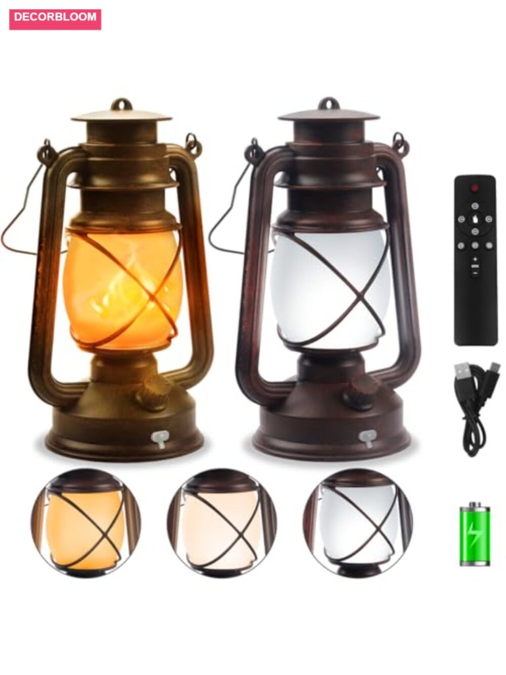 2 Pack Vintage LED Lanterns Rechargeable 4 Modes Remote Control Flameless